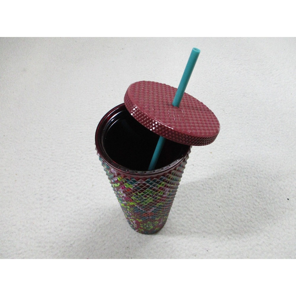 Starbucks Studded Floral Cold Cup Tumbler 24oz Reusable‎ With Straw Burgundy - Picture 6 of 6